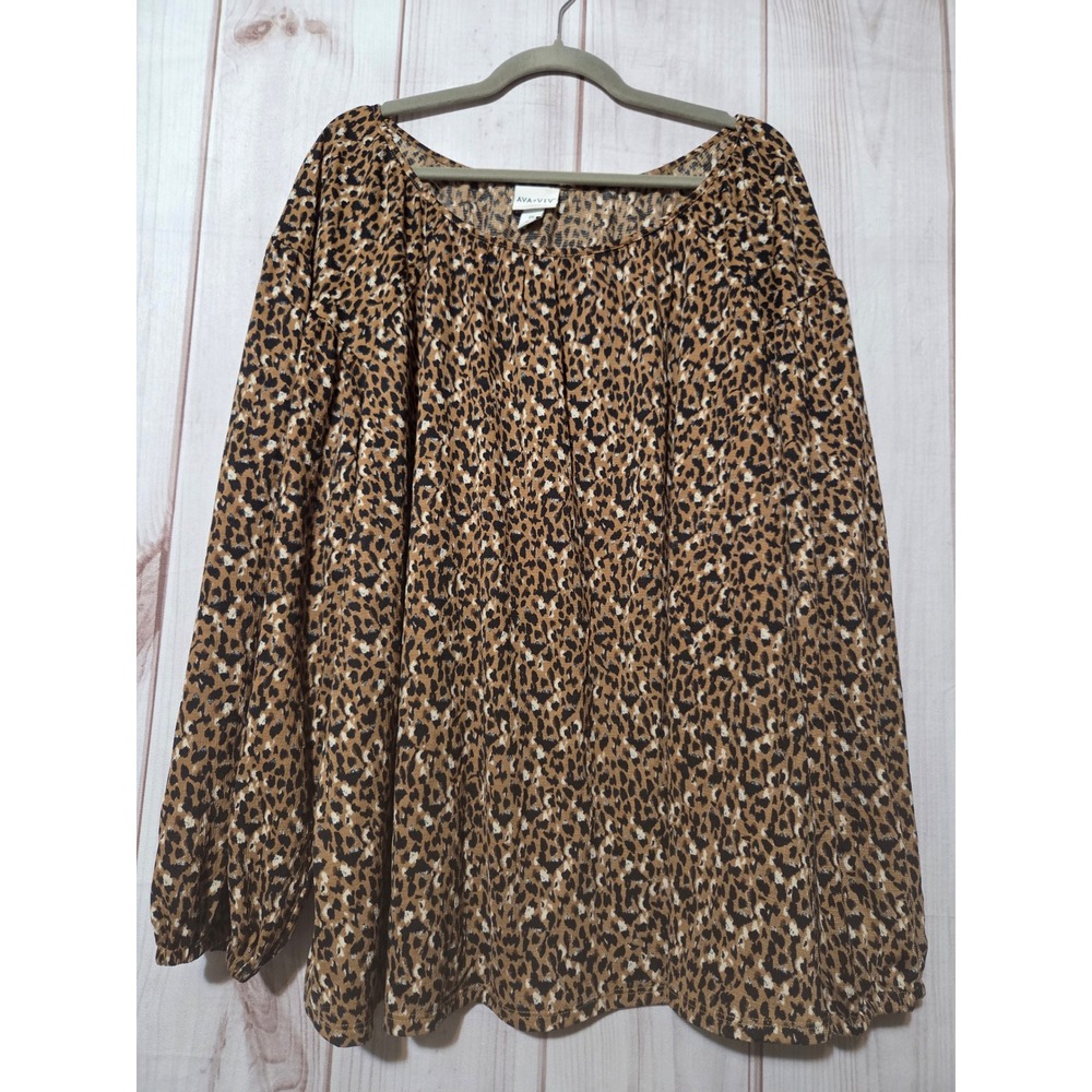 Ava & Viv Womens 2X Leopard Print Long Sleeve Blouse Brown Animal Print Top‎